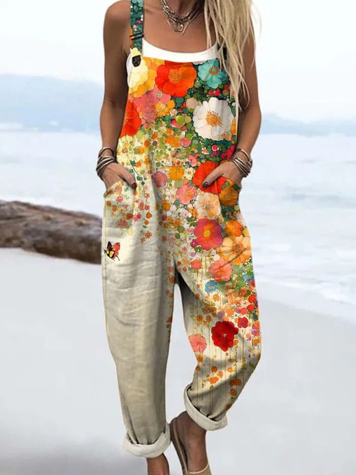 Women's Floral Wide-Leg Jumpsuit with Pockets - Fashinoza