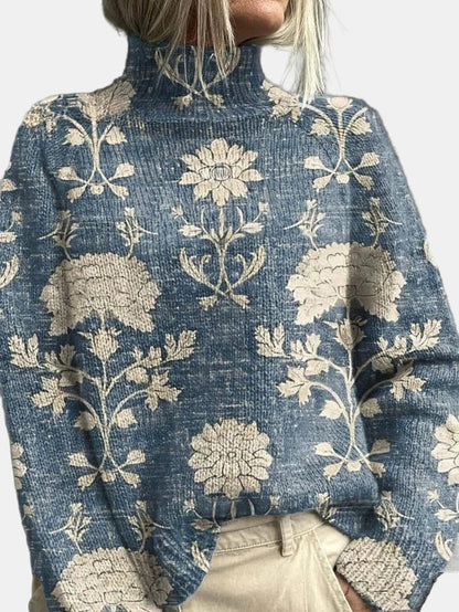 Women’s Woodland Print Knit Sweater – Cozy High Neck Pullover