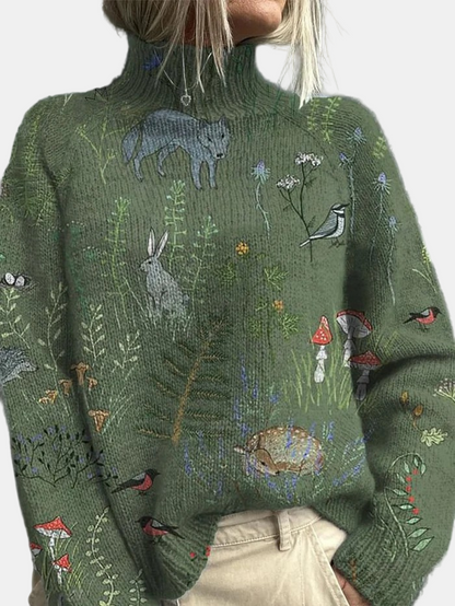 Women’s Woodland Print High Neck Knit Sweater