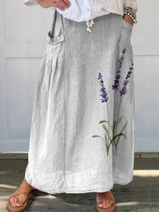 Lavender Floral Print Skirt Elastic Waistband With Pocket - Fashinoza