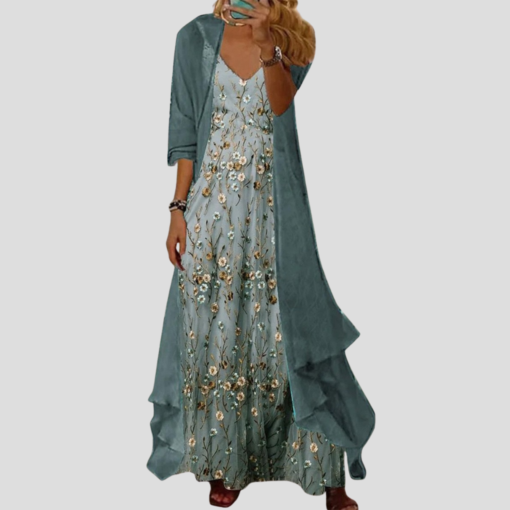 Women's Floral Two-Piece 3/4 Sleeve V-Neck Green Set - Fashinoza