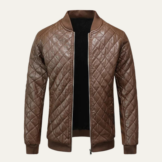 Men's Leather Bomber Jacket Quilted Winter Black - Fashinoza