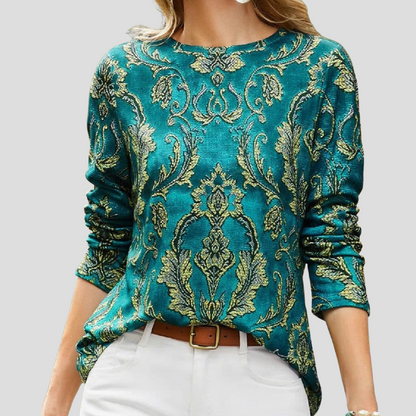 Women's Green Long-Sleeve Blouse Round Neck - Fashinoza