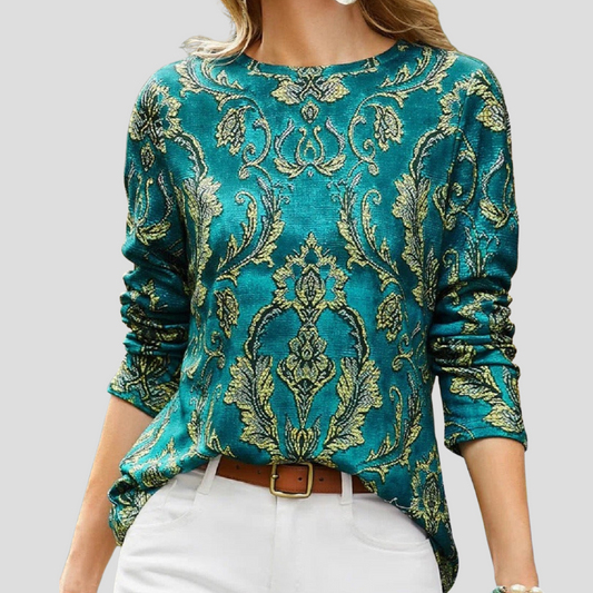 Women's Green Long-Sleeve Blouse Round Neck - Fashinoza