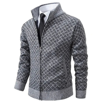 Men's Zip Cardigan Diamond Pattern Ribbed Trim