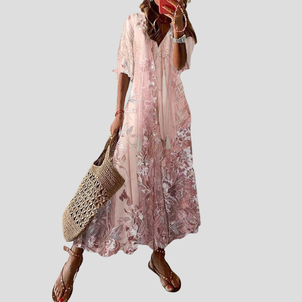 Women's Floral Maxi Dress V-Neck Loose Fit - Fashinoza