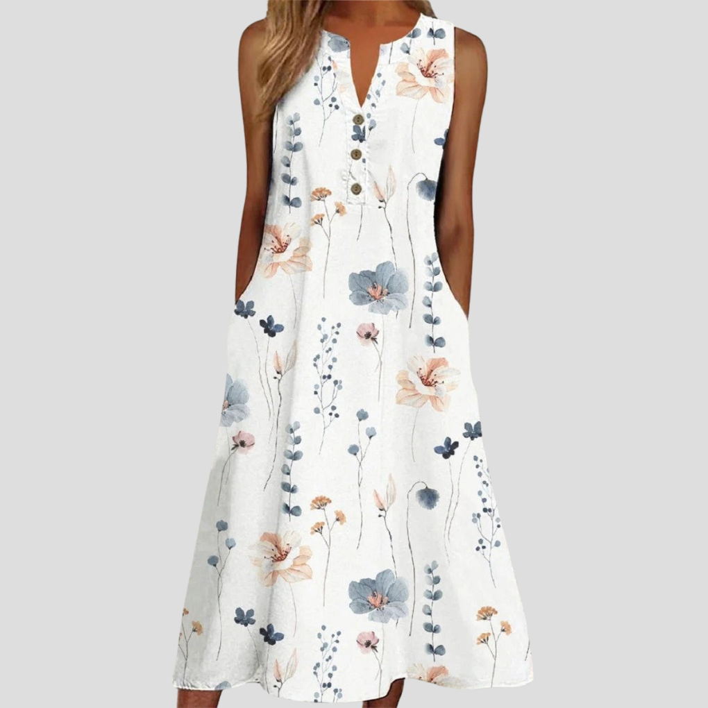 Women's Sleeveless V-Neck Floral Dress White - Fashinoza