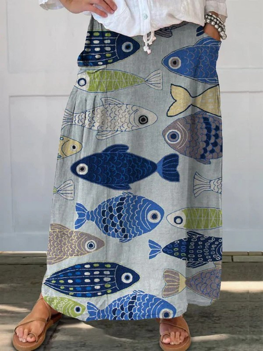 Women's Vintage Fish Print Pocket Skirt - Fashinoza