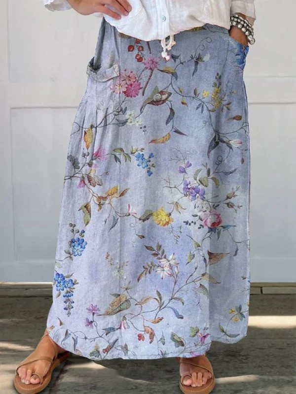 Women's Vintage Blue Print Pocket Skirt - Fashinoza