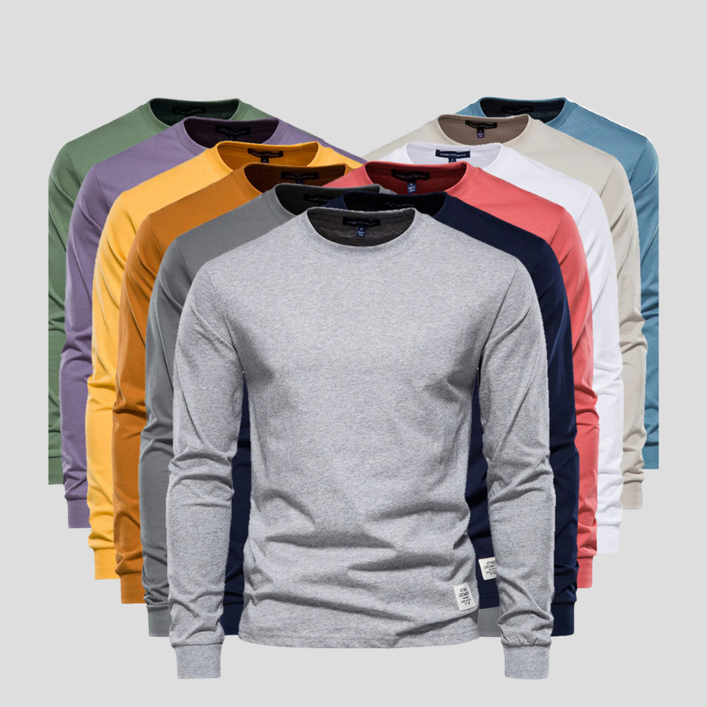 Men's Long Sleeve Round Neck Shirt Classic Cotton - Fashinoza