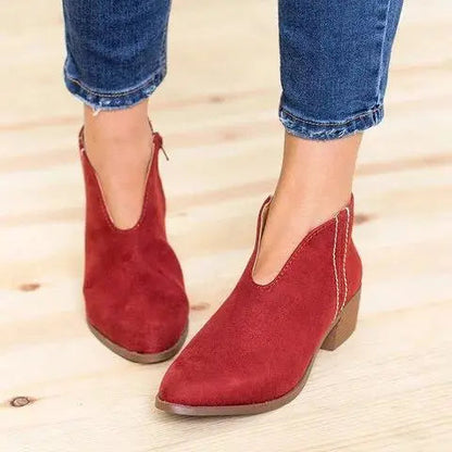 Women's V-Cut Ankle Boots Black Leather Comfortable - 
Fashinoza