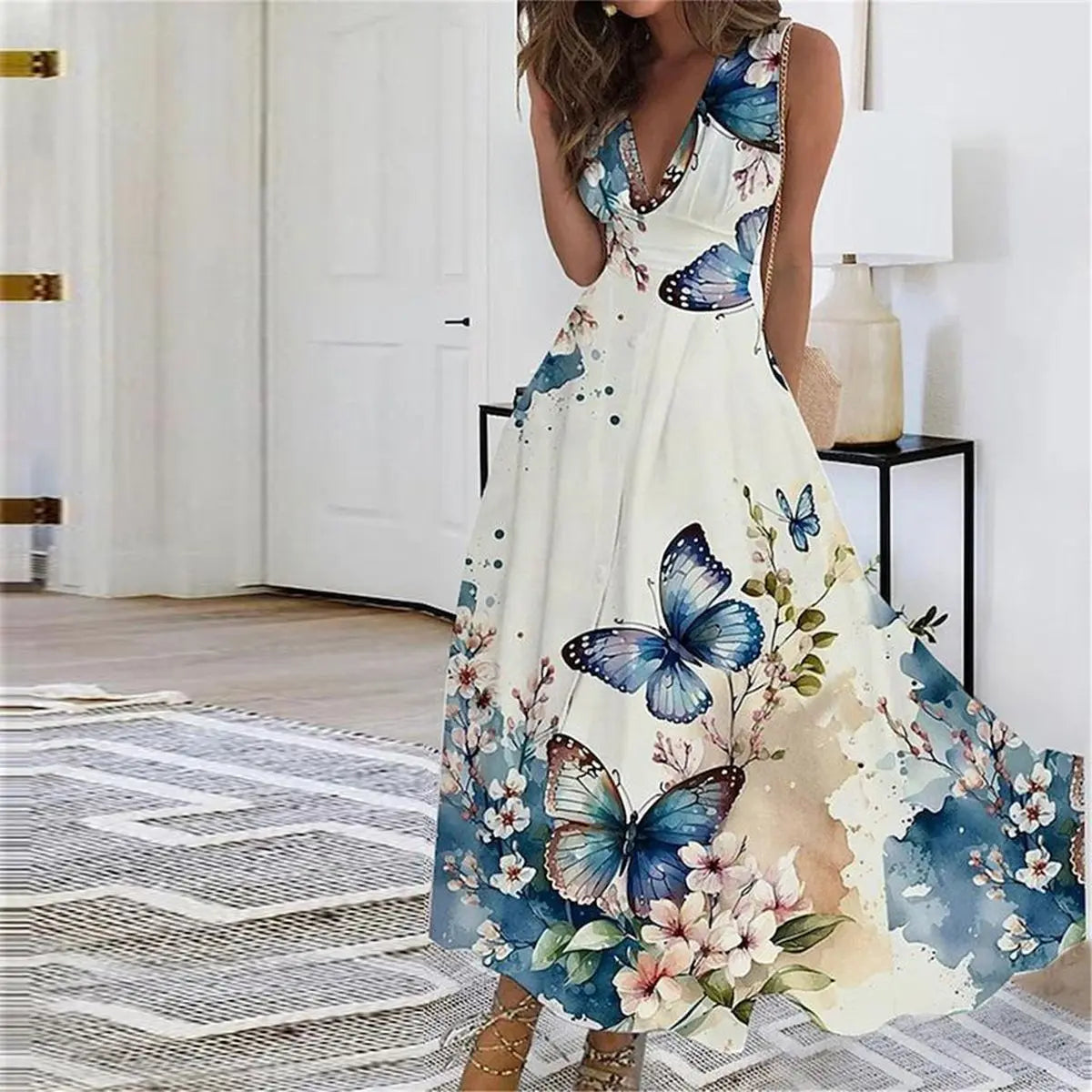 Women's V-Neck Midi Dress Elegant Summer - 
Fashinoza