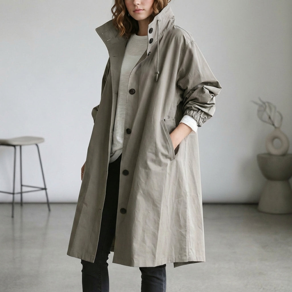 Women's Cotton Midi Trench Coat Hooded Beige - 
Fashinoza