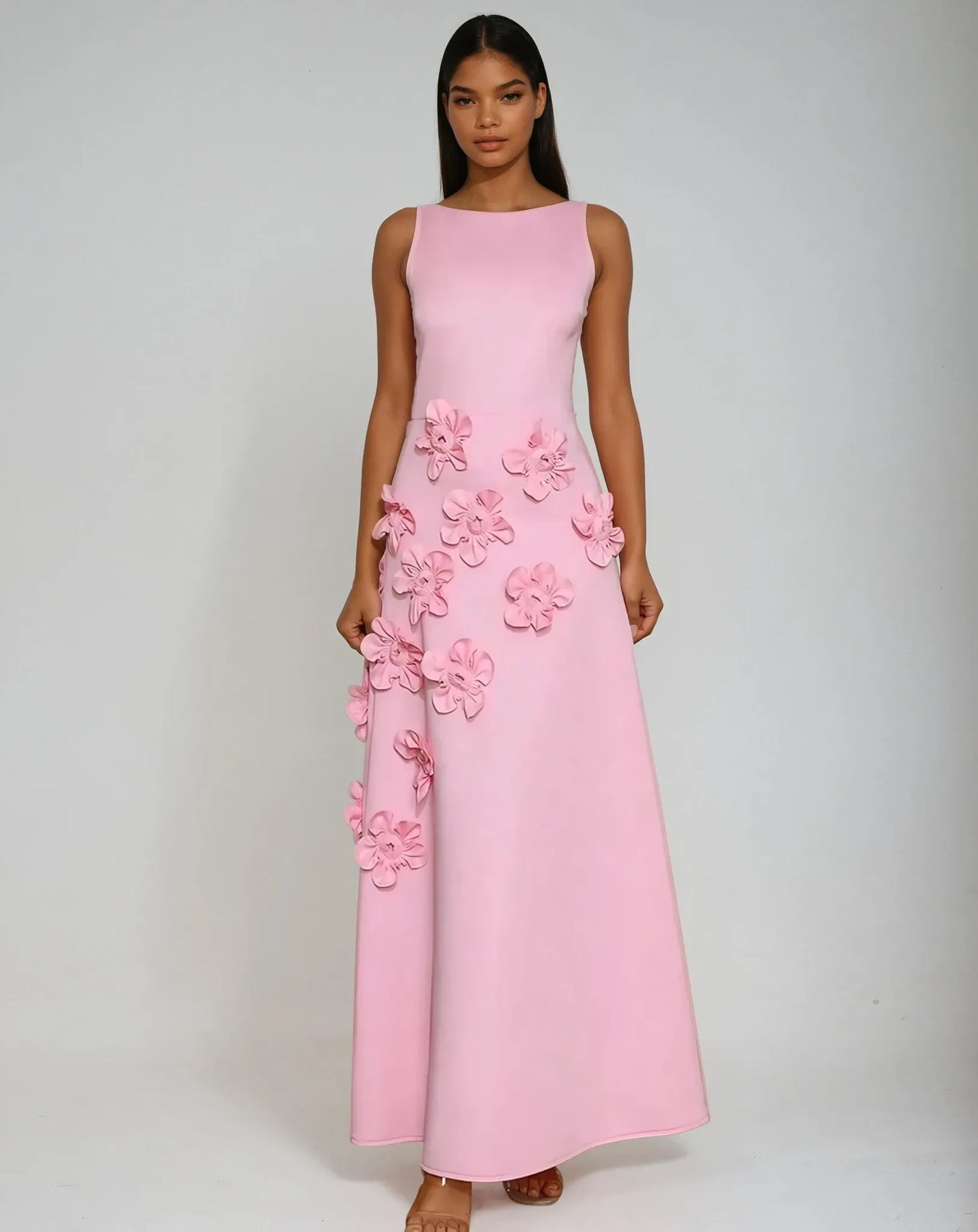 Elegant Floral Appliqué Maxi Gown