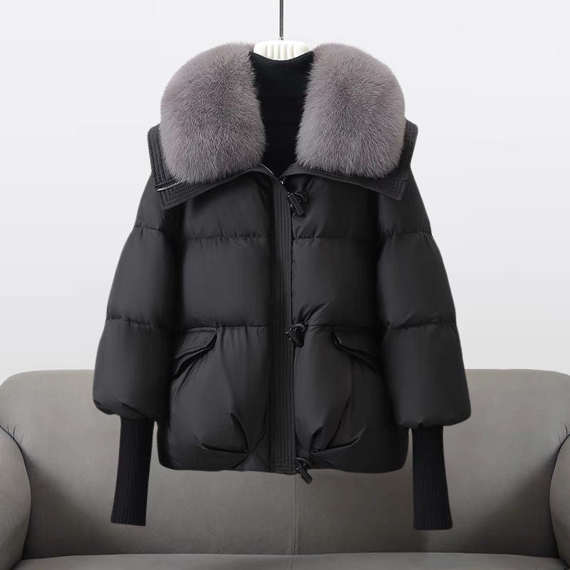 Women's Quilted Puffer Jacket Fur Collar Warm Black - 
Fashinoza