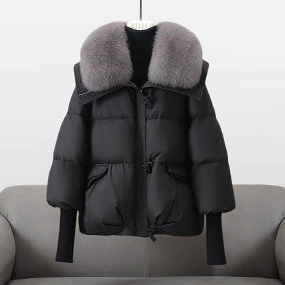 Women's Quilted Puffer Jacket Fur Collar Warm Black - 
Fashinoza