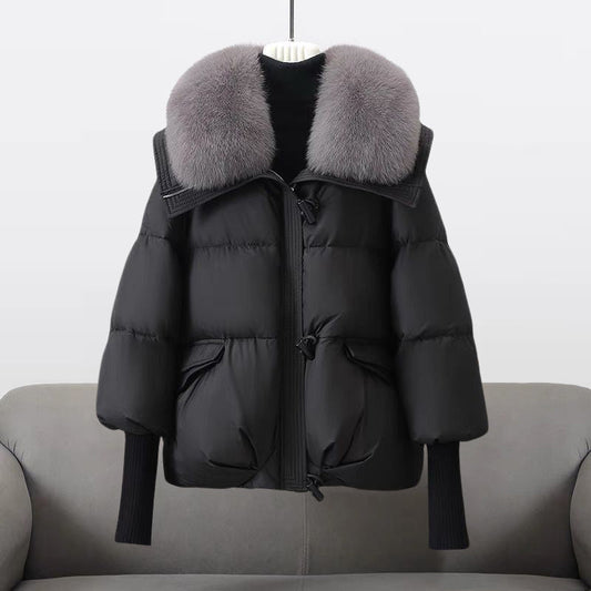Women's Quilted Puffer Jacket Fur Collar Warm Black - 
Fashinoza