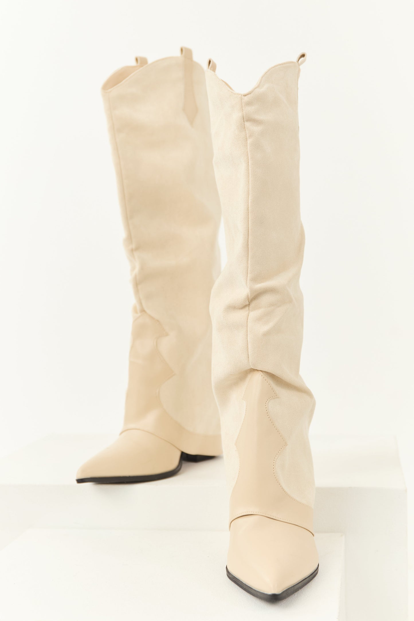Women's Knee High Cowboy Boots Faux Suede Tan