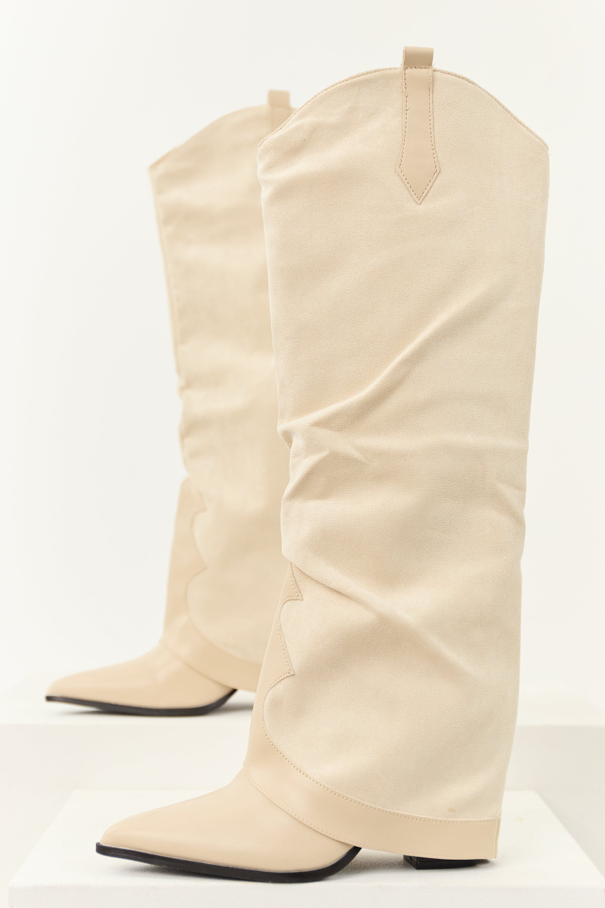 Women's Knee High Cowboy Boots Faux Suede Tan - Fashinoza