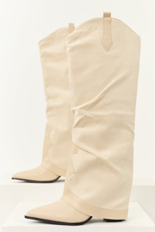 Women's Knee High Cowboy Boots Faux Suede Tan - Fashinoza