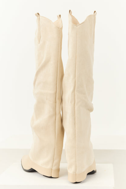 Women's Knee High Cowboy Boots Faux Suede Tan