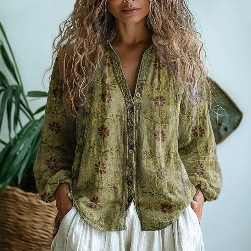 Women's Nature Print Blouse Split V-Neck