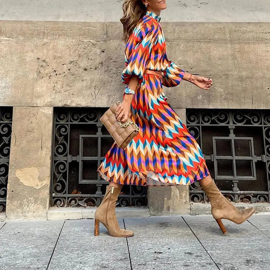 Women's Midi Dress Vibrant Print Summer - 
Fashinoza