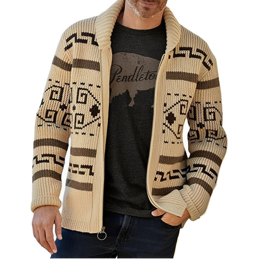 Men's Knit Cardigan Shawl Collar Zip-Up Tribal Patterned - Fashinoza