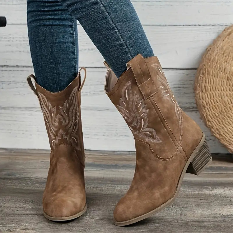 Women's Western Cowboy Boots Comfortable Leather Brown - 
Fashinoza