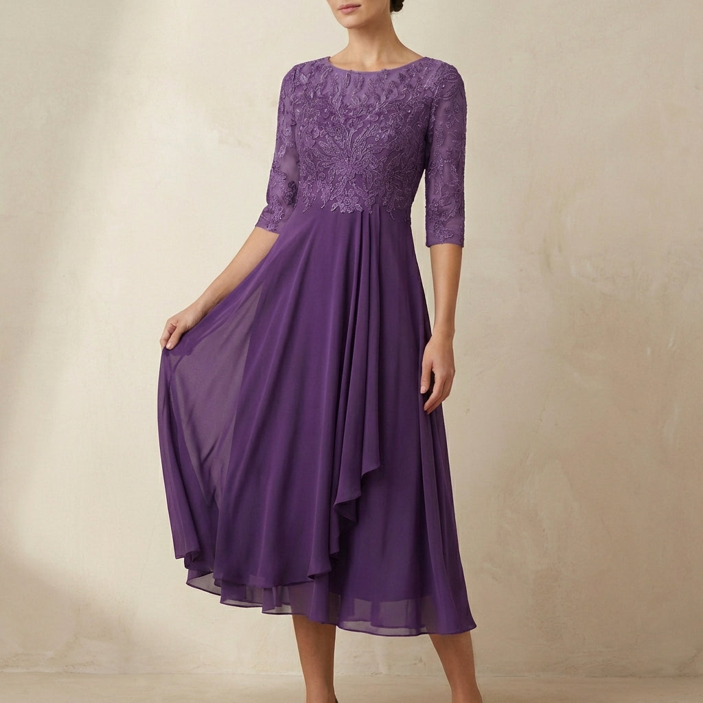 Women's Embroidered Midi Dress Sheer Sleeves Pockets