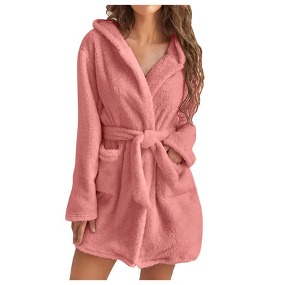 Women's Fluffy Hooded Bathrobe Soft Warm Fleece