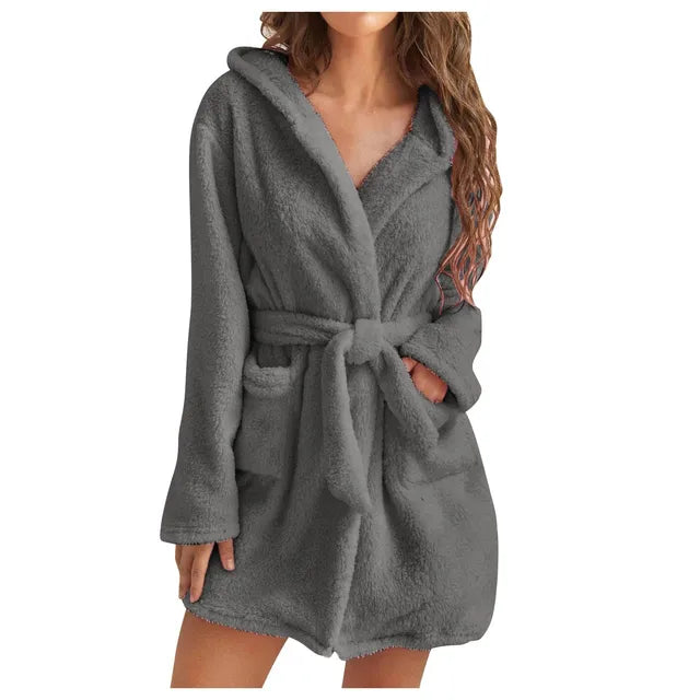 Women's Fluffy Hooded Bathrobe Soft Warm Fleece