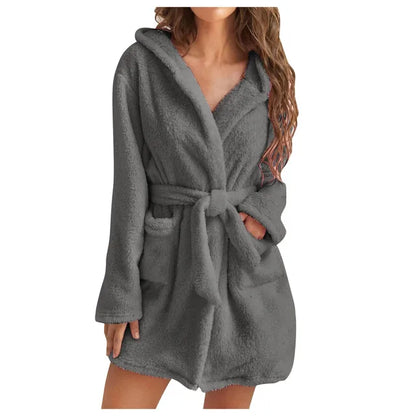 Women's Fluffy Hooded Bathrobe Soft Warm Fleece