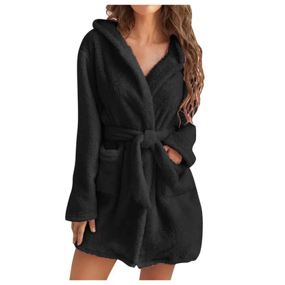 Women's Fluffy Hooded Bathrobe Soft Warm Fleece