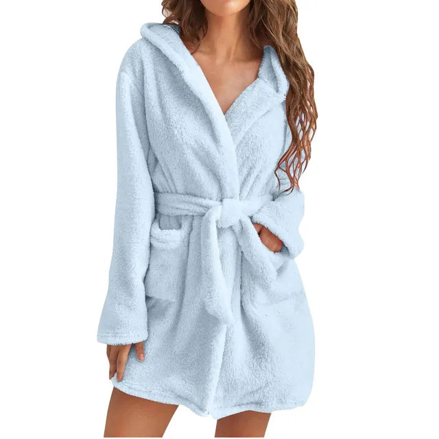 Women's Fluffy Hooded Bathrobe Soft Warm Fleece