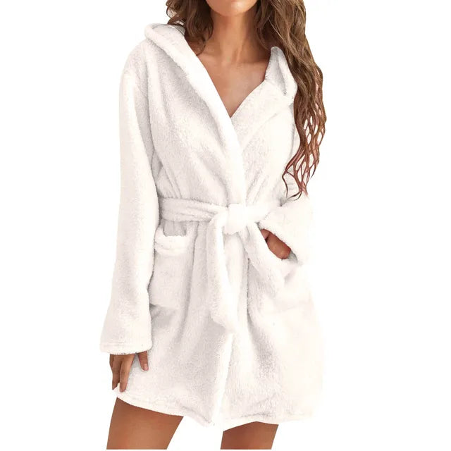 Women's Fluffy Hooded Bathrobe Soft Warm Fleece