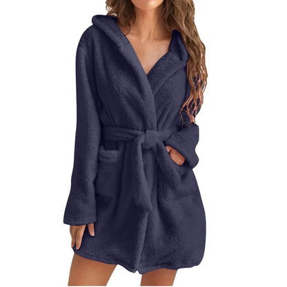 Women's Fluffy Hooded Bathrobe Soft Warm Fleece