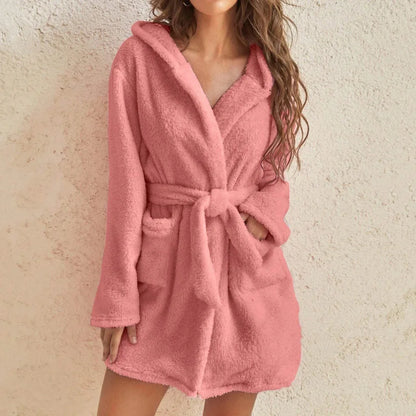 Women's Fluffy Hooded Bathrobe Soft Warm Fleece