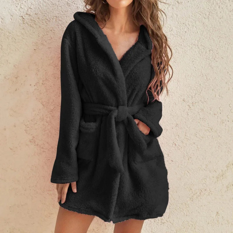 Women's Fluffy Hooded Bathrobe Soft Warm Fleece - Fashinoza