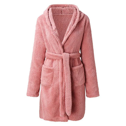 Women's Fluffy Hooded Bathrobe Soft Warm Fleece