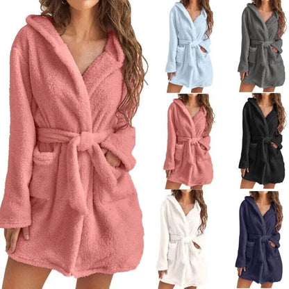 Women's Fluffy Hooded Bathrobe Soft Warm Fleece