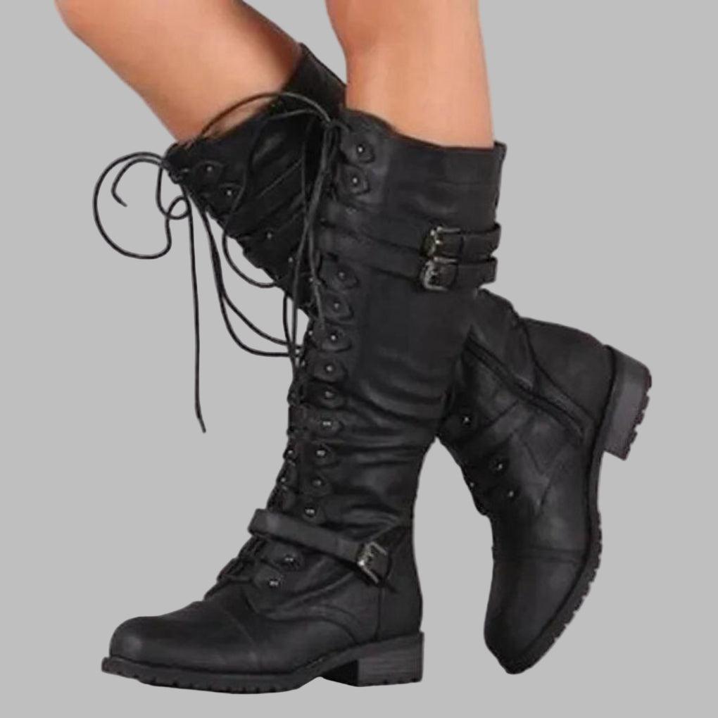 Women's Lace-Up Combat Boots Mid-Calf Leather Black - 
Fashinoza