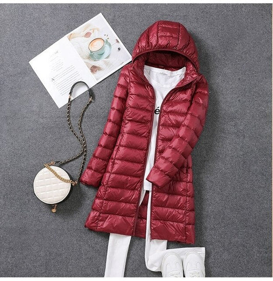 Women's Down Jacket Detachable Hood Waterproof Black - Fashinoza