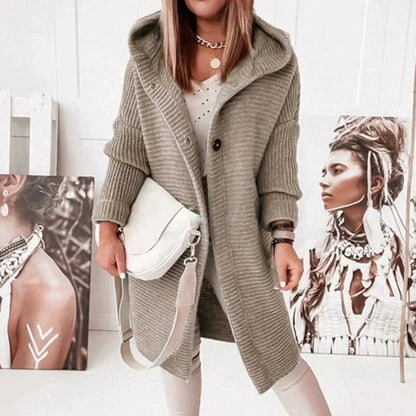 Women's Knit Cardigan Hooded Button Front Long Black