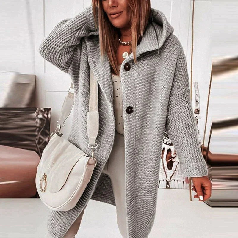 Women's Knit Cardigan Hooded Button Front Long Black - Fashinoza