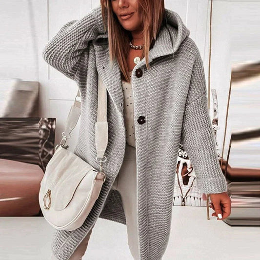 Women's Knit Cardigan Hooded Button Front Long Black - Fashinoza
