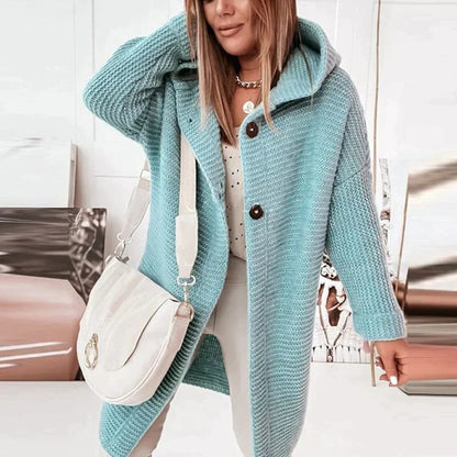 Women's Knit Cardigan Hooded Button Front Long Black
