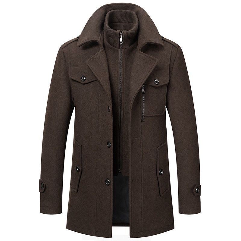 Men's Mid-Length Coat Button Front Zip Layer Stand-Up Collar