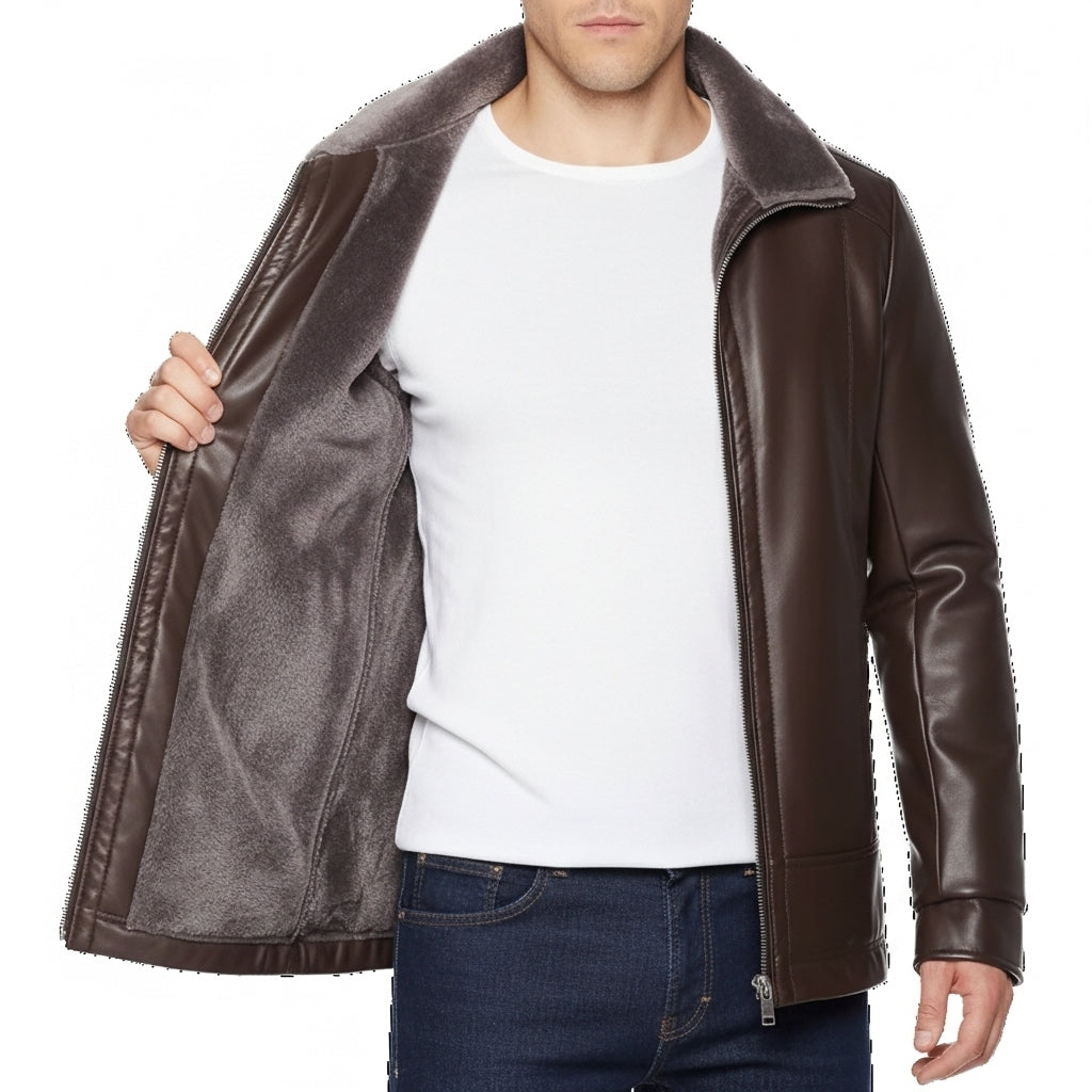 Men's Leather Motorcycle Jacket Fleece Lined Biker Coat Black - Fashinoza