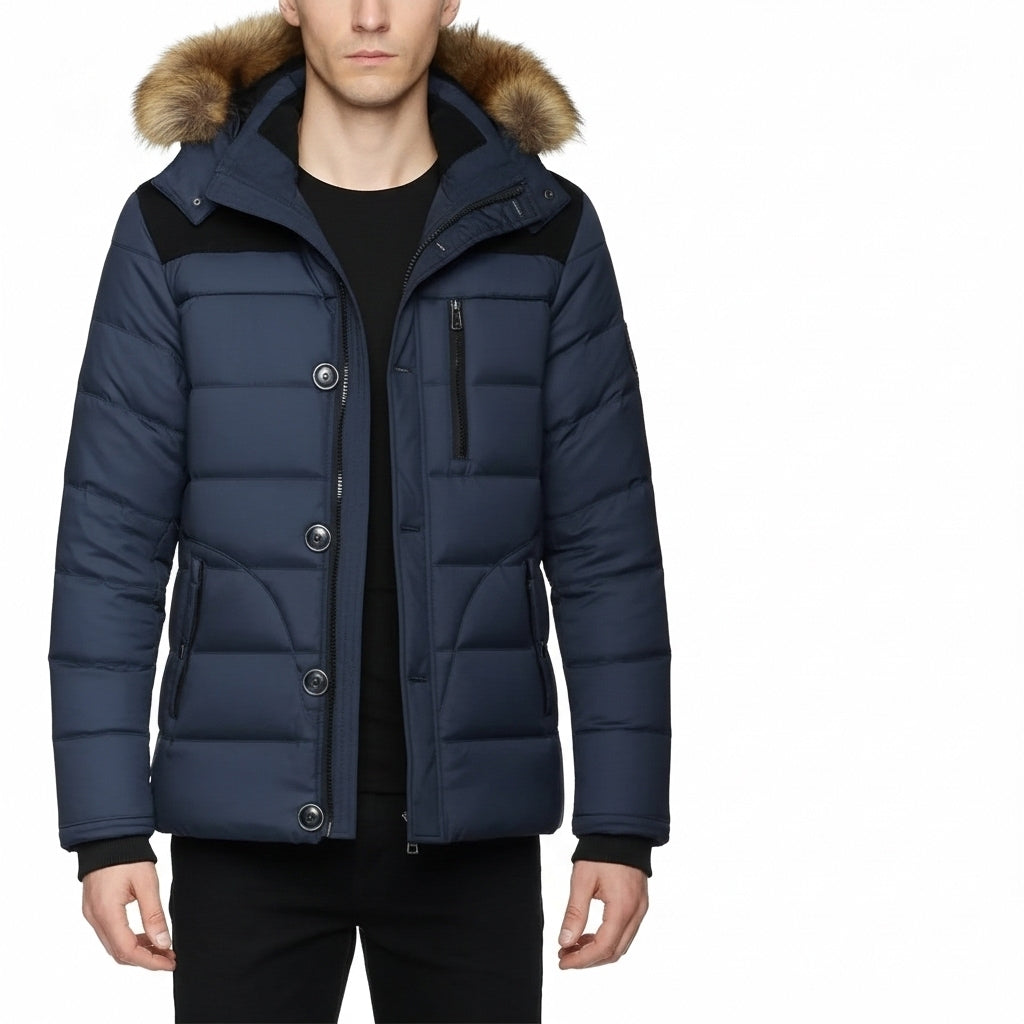 Men's Down Parka Wool Lined Hooded Jacket Warm Black - Fashinoza